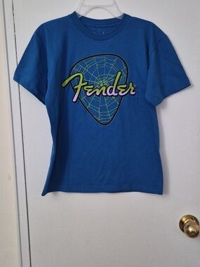 Kids Fender Royal Blue Tee with Multicolor Fender Script Size 12